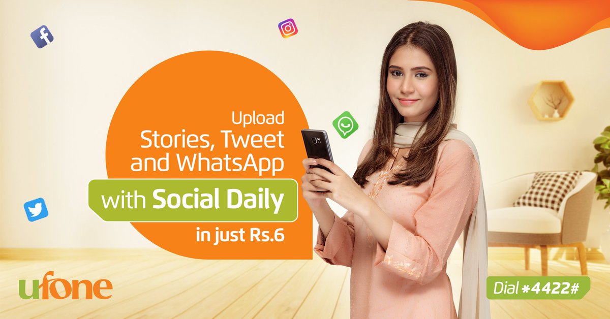 Ufone's tweet photo. Dial *4422# and socialize everyday with Social Daily in just Rs. 6. Subscribe online: https://t.co/iB1gctQbgr

*Terms and conditions apply.

#SocialDaily #Ufone #TumHiTouHo #Pakistan #InternetPackage https://t.co/gUFTZJBoOo