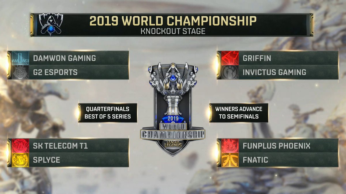 lolesports's tweet photo. The #Worlds2019 Quarterfinal bracket: https://t.co/JO6j0C7233