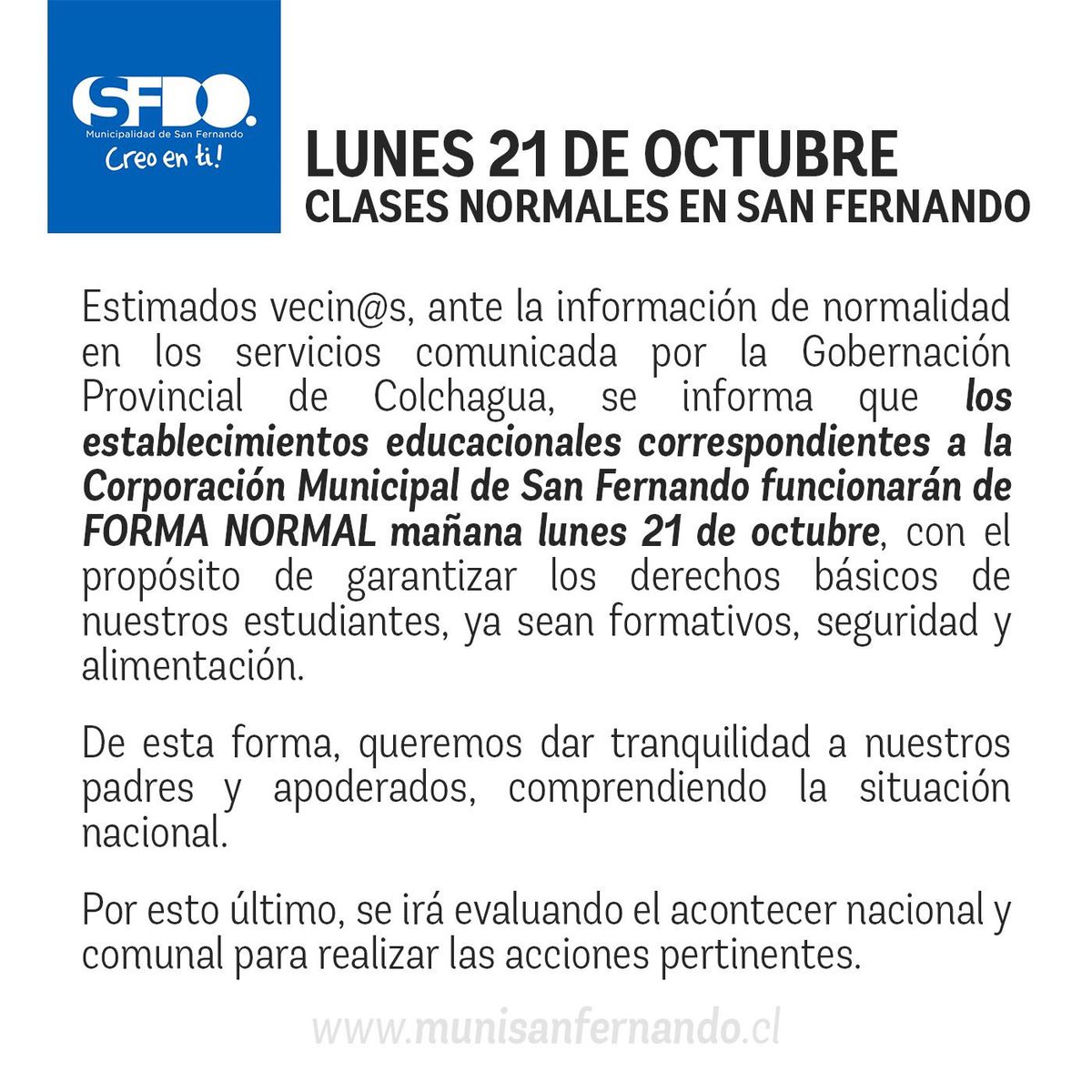 Lunes 21 de octubre habrá CLASES NORMALES en San Fernando.