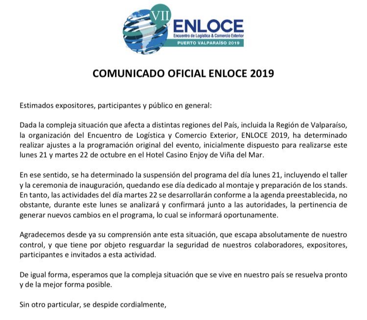 PortValparaiso's tweet photo. Dada la compleja situación que afecta a distintas regiones del País, la organización de #ENLOCE 2019, ha determinado realizar ajustes a la programación original del evento. Lunes programa SUSPENDIDO - Martes programa NORMAL. 👉🏼 Lee nuestro comunicado para mayor información 👇🏼 https://t.co/8Qh1tsHUzf