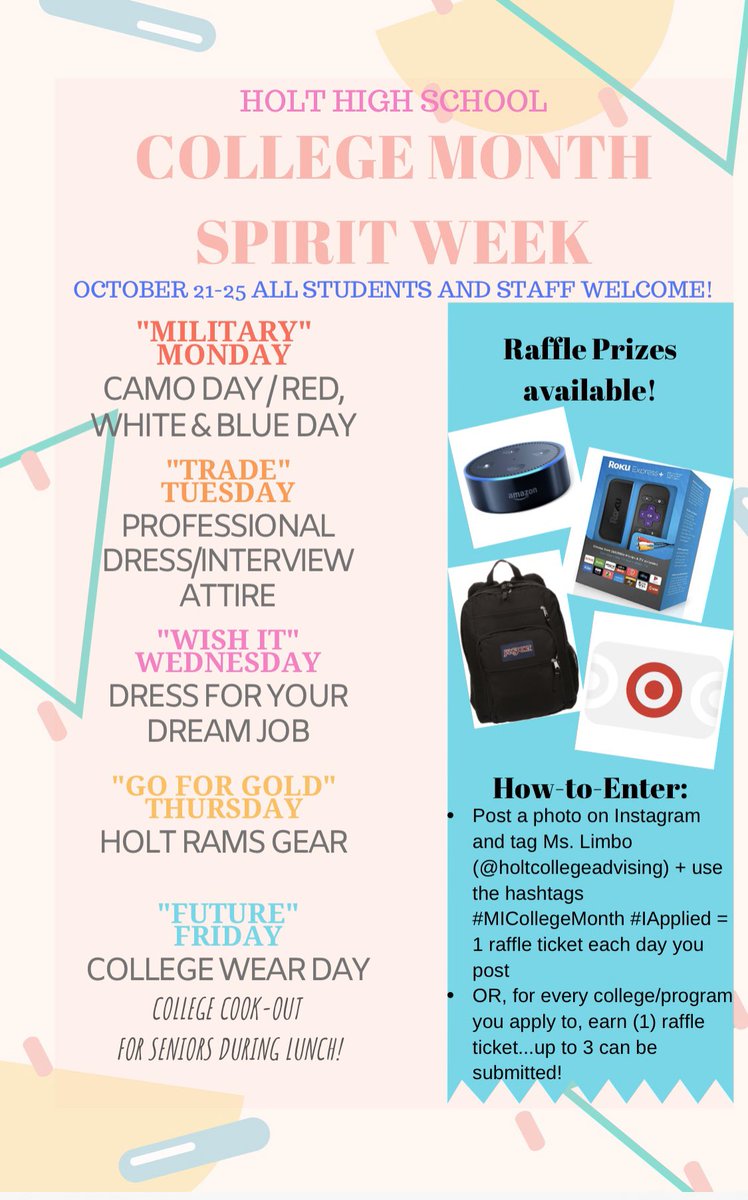 College month spirit week starts tomorrow! I hope to see you supporting the Military tomorrow!