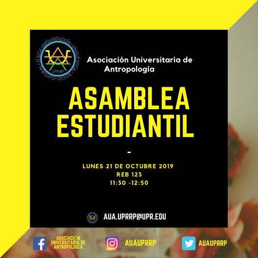 lunes 21 de octubre de 11:30am a 12:50pm. Como tema, la organización de la decoración del vestíbulo REB como parte del Mes de la Antropología. Se estará hablando sobre el diseño final de este, la división de trabajo y materiales necesarios, entre otros.