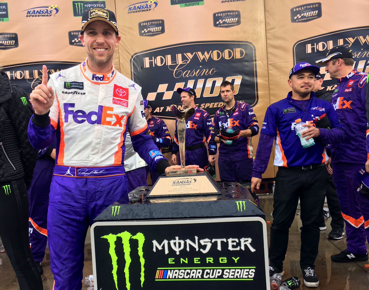 Congratulations to <a href="/DennyHamlin/">Denny Hamlin</a> and the #FedEx11 team on the big #NASCARPlayoffs win at <a href="/kansasspeedway/">Kansas Speedway</a>. Enjoy the Victory Lane celebration! 🎉