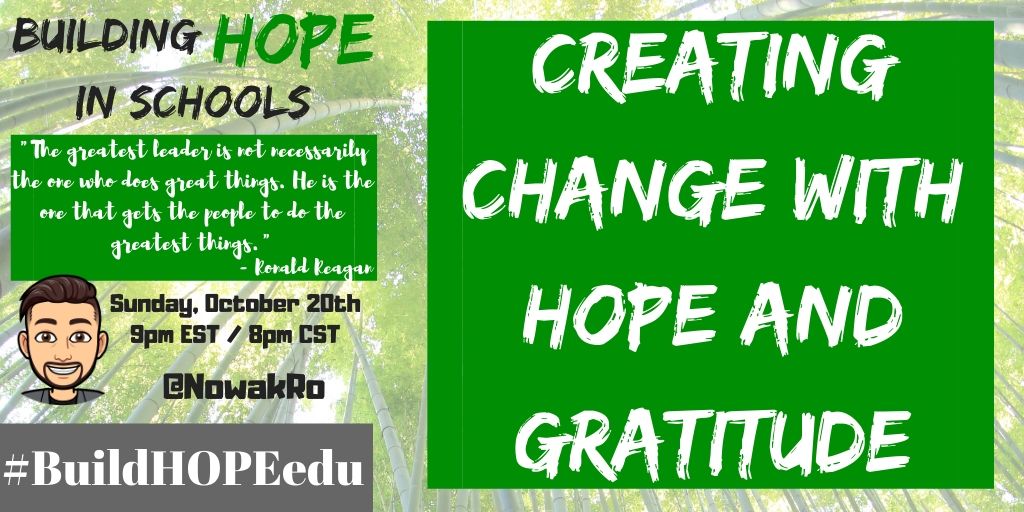 NowakRo's tweet photo. One hour until #BuildHOPEedu as we reflect and learn about Creating Change with HOPE and Gratitude.
Come share your thoughts. Come share your story.
#bekindEDU #edchat #sunchat #teachpos #gratefulEDU #tlap #LeadLAP #JoyfulLeaders #edcamppd #BeTheOne #LearnLAP https://t.co/tlf0JEgaOE