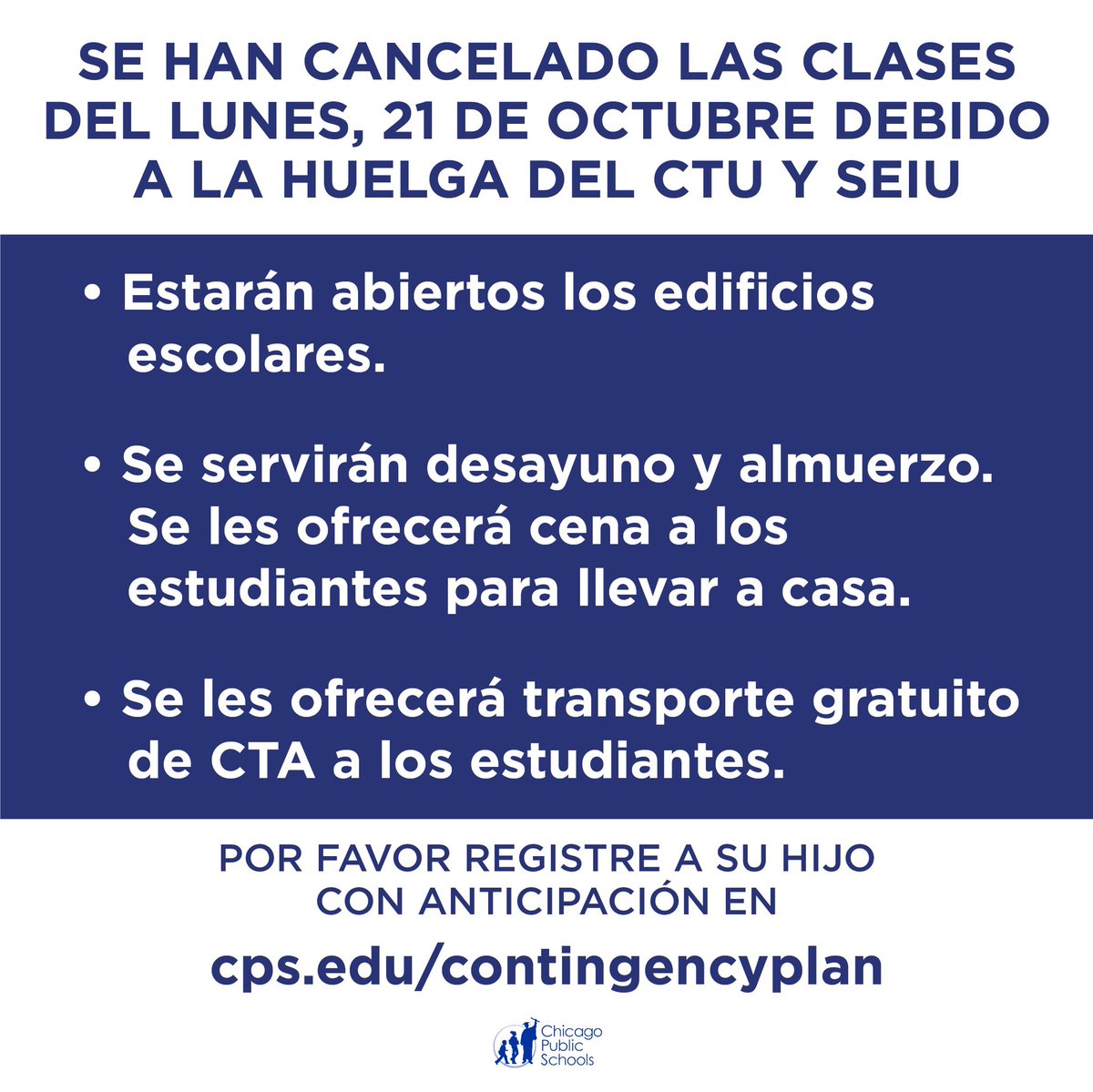 ChiPubSchools's tweet photo. CTU and SEIU are currently on strike, which means classes and after school activities are canceled tomorrow, Monday, 10/21. School buildings will be open for students who need a safe place to stay during the day. https://t.co/q0nQPR7VLL https://t.co/SgxWpUqBR6