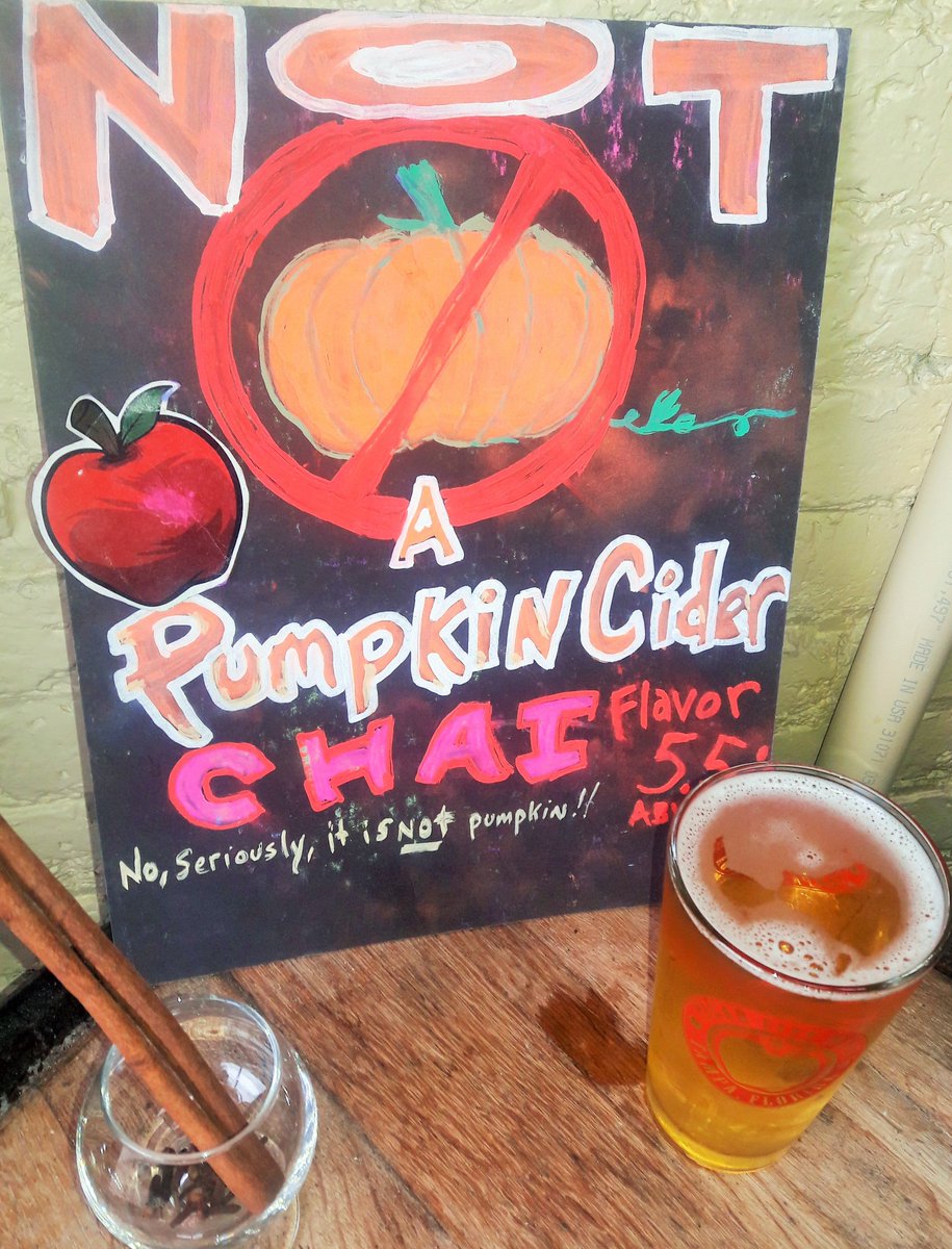 This cider is NOT a Pumpkin! Come try our Chai spiced cider with cinnamon, clove, cardamom, ginger, and white pepper. Available on draft or in 32oz. growlers to go. Cheers!