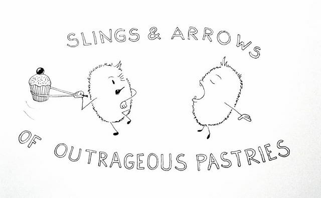 SallyBarn's tweet photo. Day 19 #inktober title: #sling . @inktober @jakeparker #illustration #inky #ink #penandink #cartoon #shakespeare #hamlet #tw #humour #battle #pastry #pastries #InkyMotes https://t.co/ByA75pFRI9 https://t.co/n8fKACJ57m https://t.co/Cid484J82g
