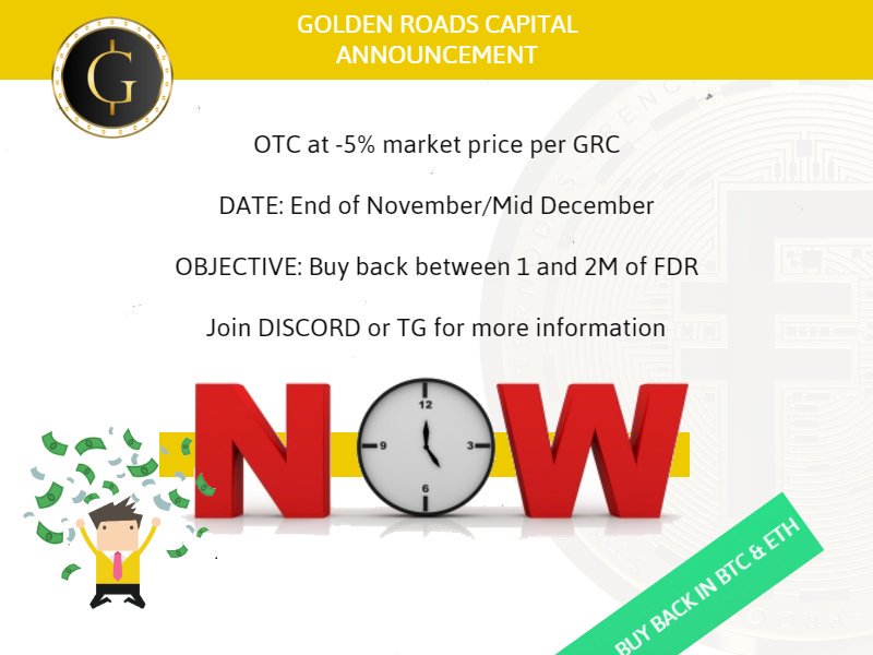 FD_Reserve's tweet photo. As part of our partnership @GoldenRoadsC is buying back a maximum of FDR in OTC at -5% market price for the period from end November to mid December. 

Discord: https://t.co/rNqQws11S7
Telegram (ENG) https://t.co/pCrwVPnhgr
Telegram (FR) https://t.co/RPhxuvc4rR https://t.co/D3P9HpcmBn