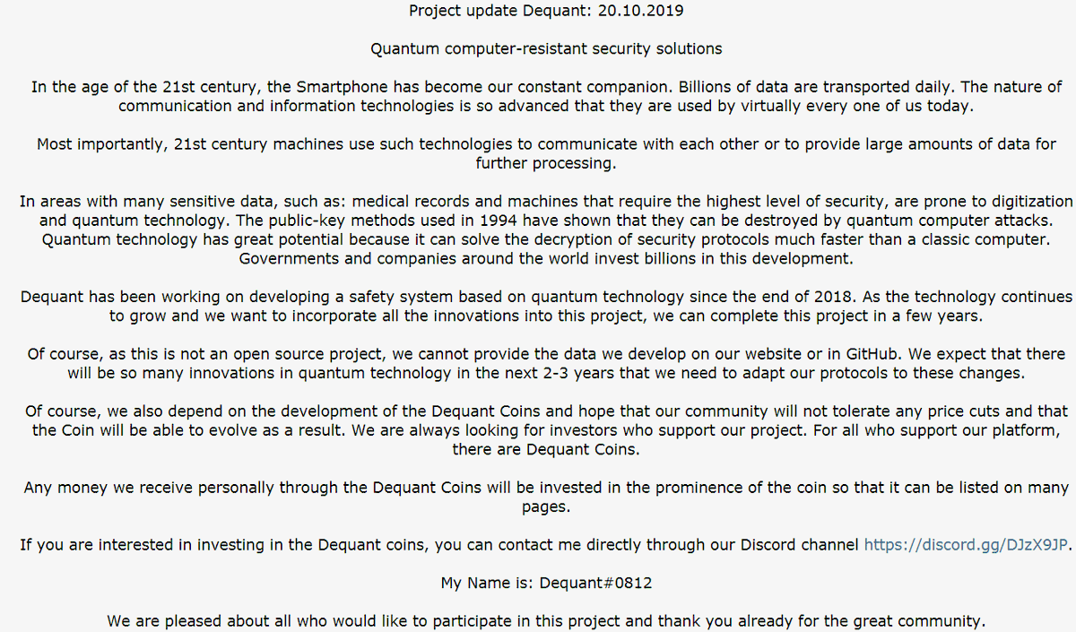 Project update Dequant: 20.10.2019