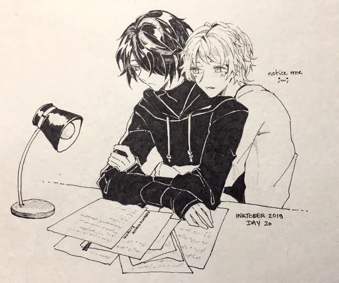 [OC, college AU] 
fsw is trying to study but jrb won't leave him alone

#inktober #Inktober2019 #inktoberday20 