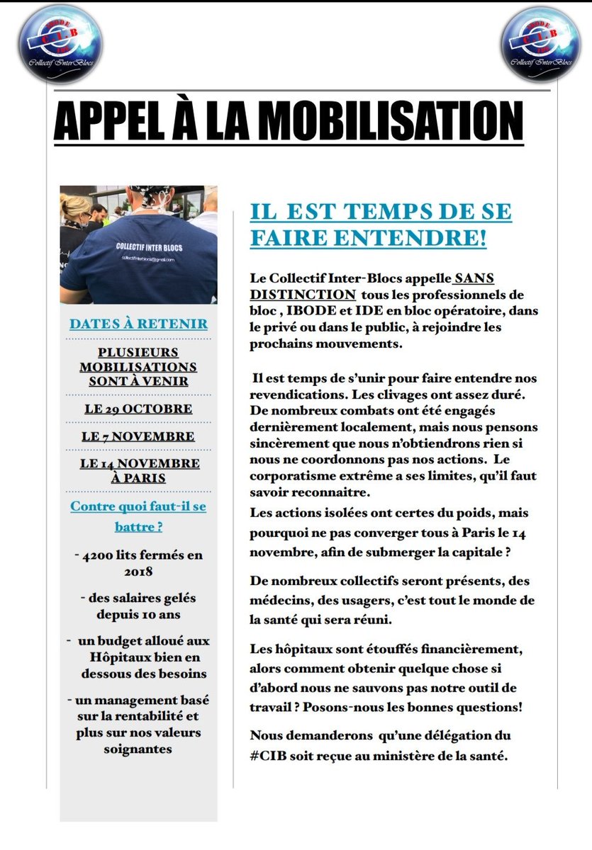 CBlocs's tweet photo. 🔥Appel à la mobilisation des #IBODE, #IDEenBlocOpératoire et #IDEenformationibo du  privé et public !🔥
@InterUrg @CollectInterHop @DrSabrinaaurora @Medecins_CGT @CgtChu @CGTChuCfd @CGT_CH_Libourne @CgtChag @CgtIade @CgtSanteSocial @ActuSoins @infirmierscom @infirmieremag https://t.co/KnzKEjDhBZ
