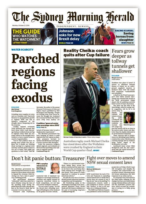 Good morning. Here's today's front page of the Herald bit.ly/SMHsubscribe #RightToKnow