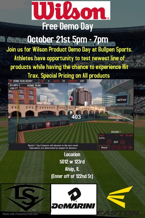 bullpenfacility's tweet photo. Reminder Monday 9/21 from 5pm-7:00pm Bullpen Sports will be hosting Wilson Demo Day. Stop in anytime during that time to test out their newest line of products. Special pricing will be available https://t.co/bxqd2LfUqV