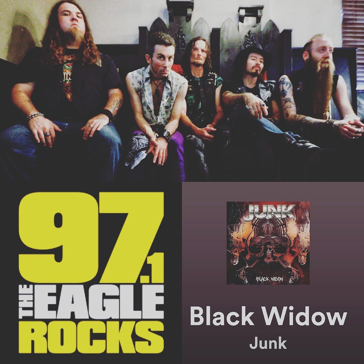 junktx1's tweet photo. Listen to our new song, BLACK WIDOW, on @theeagledallas loud and local show, or go to @iHeartRadio and listen there. Tonight! 11 PM central time! #junktx #rocknroll #HeavyMetal #newmusic #blackwidow #971theeagle #kegl https://t.co/vI5Br7MIRz