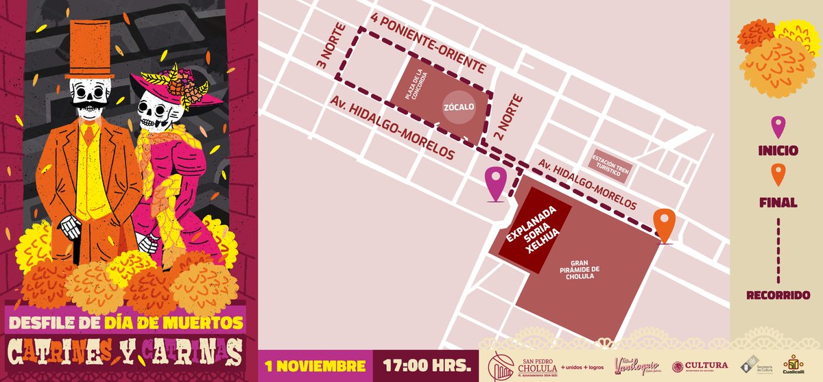 ¿Te lo piensas perder? 
Participa en el Desfile de #DíaDeMuertos: Catrinas y Catrines que organizamos para este 1 de noviembre. 
Recuerda vestirte con motivos de la temporada. 
Consulta el mapa. 👇

#MásUnidosMásLogros