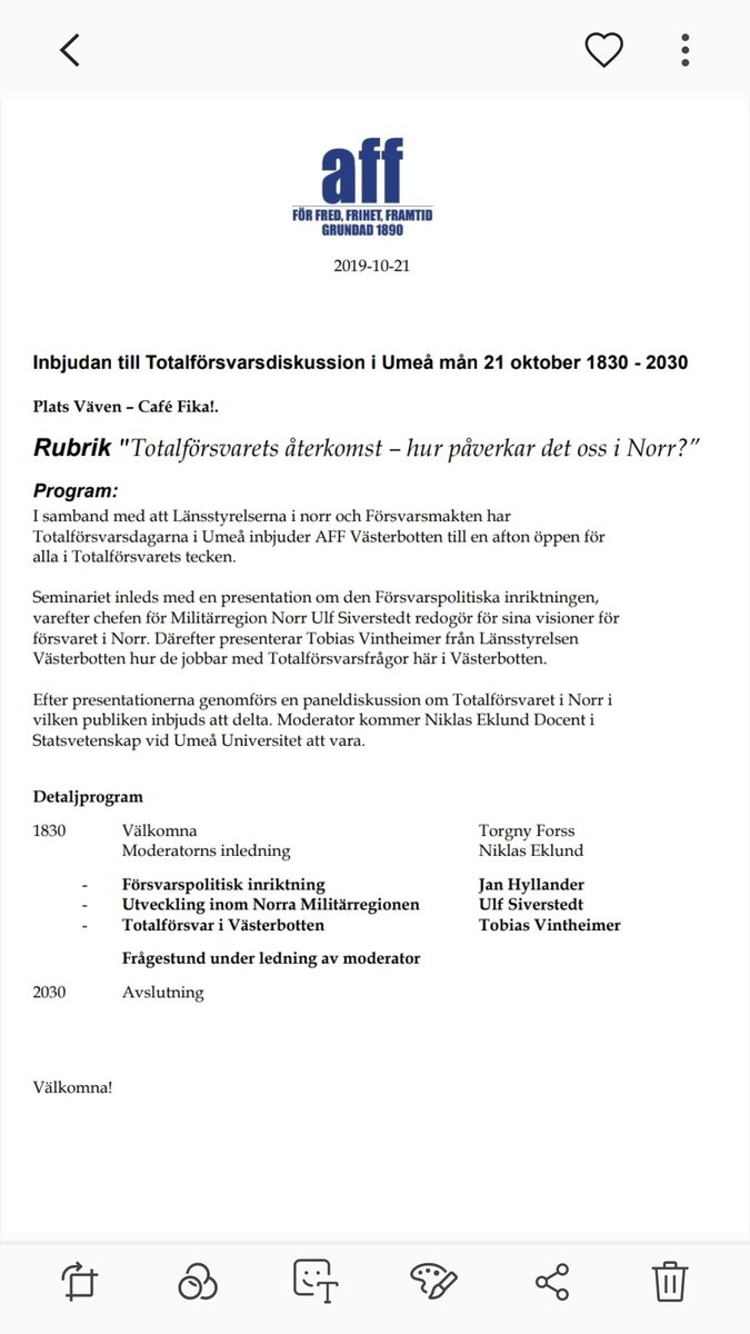 TorgnyForss's tweet photo. Välkomna på ett #affsem om #Totalförsvar https://t.co/mgB895W0C4