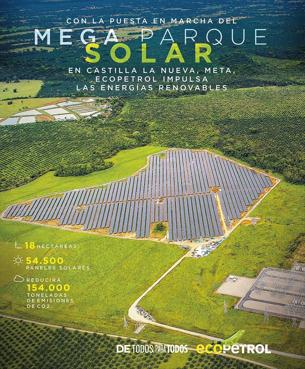 ECOPETROL_SA's tweet photo. Nos pusimos la 10 en energías renovables. Es así como en un trabajo #DeTodosParaTodos creamos el #ParqueSolarCastilla en Castilla La Nueva. Una obra con más de 54.000 paneles solares que beneficiará al medio ambiente. https://t.co/h0AK7CKbP9