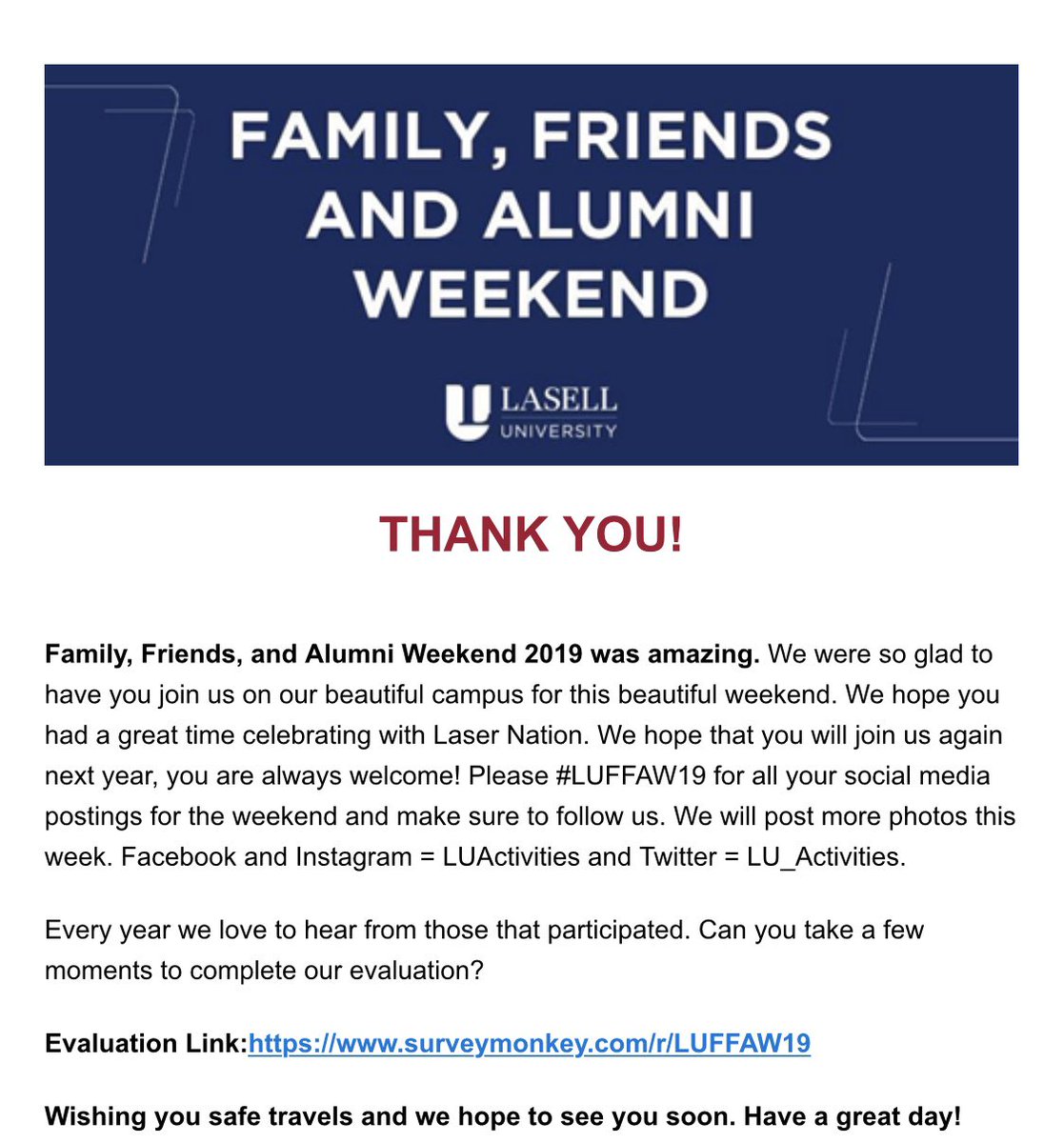 LU_activities's tweet photo. Family, Friends, and Alumni Weekend 2019 was amazing. #LUFFAW19 π
Evaluation Link:https://t.co/5KZ67ov8Z1 https://t.co/9twxySxLAO