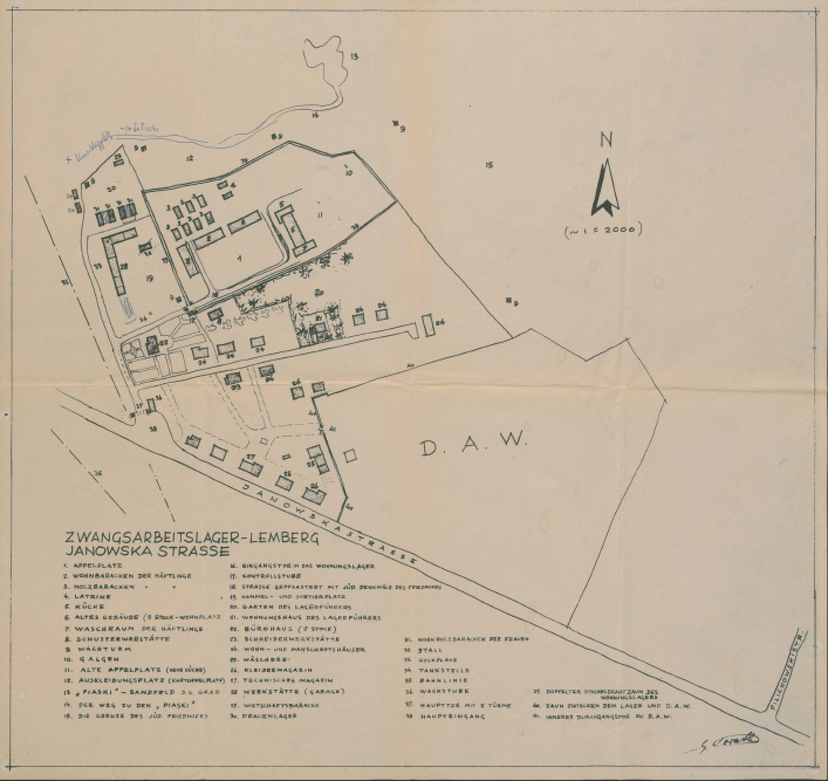 The earliest part of the camp was the Deutscheausrüstungswerke (DAW) or German Equipment Factory (a slave labor concern run by the SS). A later camp was added to create the whole complex, seen here in a survivor's rendering.