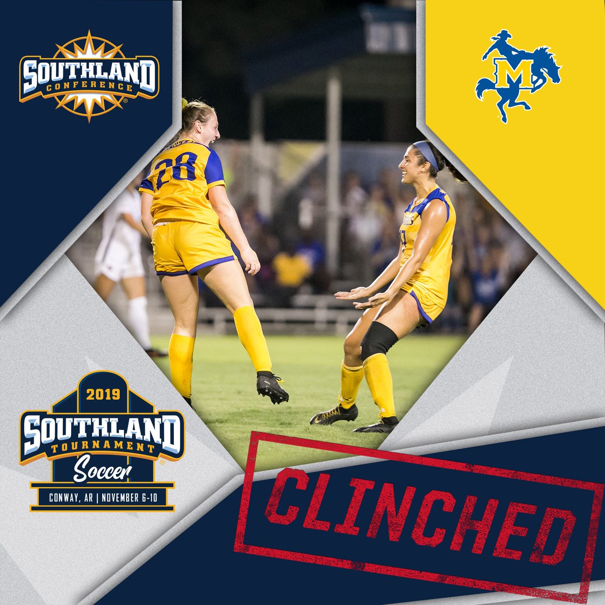 Delana Friesen and Rachel Palet's reaction says it all. With Sunday's results, @McNeeseSoccer has CLINCHED a spot in the 2019 Southland Conference Tournament! #SouthlandStrong #GeauxPokes