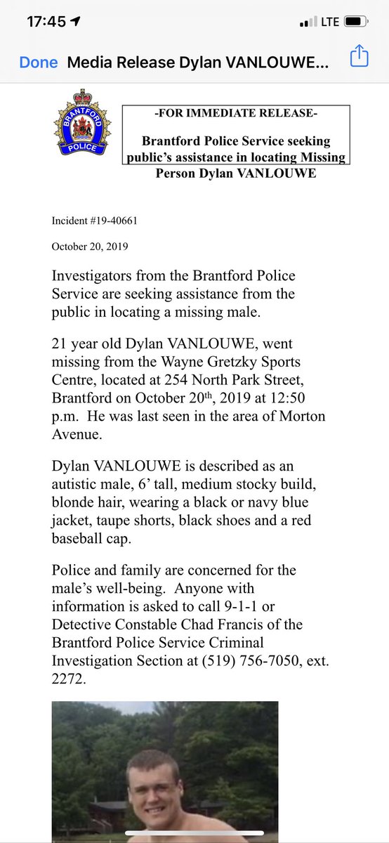 BrantfordPolice's tweet photo. MEDIA RELEASE: MISSING PERSON 21 year old Dylan Vanlouwe went missing from Wayne Gretzky Sports Centre at 12:50pm today. Police and his family are concerned about his wellbeing. Anyone with information is asked to call 9-1-1 or the Brantford Police. https://t.co/pJG36WFBwO