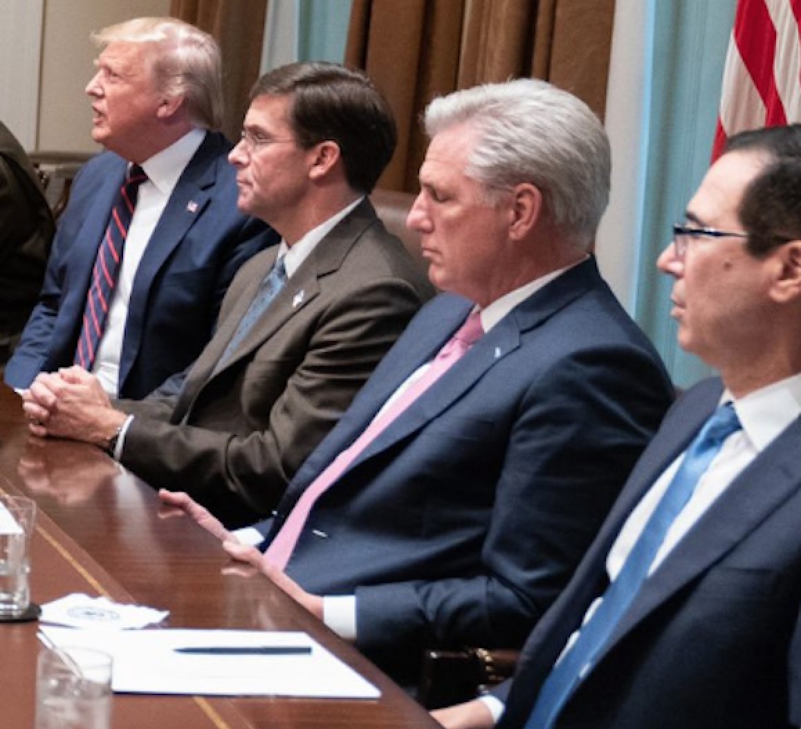 28/ Immediately to Trump's left is Defense Secretary Mark Esper. His torso, neck, and head are upright — the only person on Trump's side of the table with a semi-engaged posture. However, his hands are clasped.