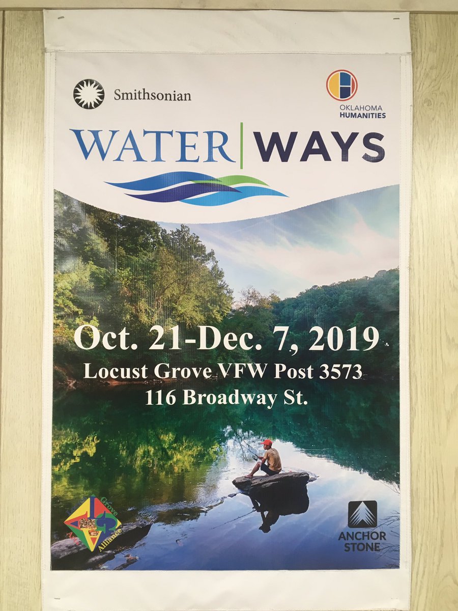 WorldHouseOCU's tweet photo. Great group of community volunteers in Locust Grove tonight getting ready for the #Smithsonian Museum on Main Street #WaterWays traveling exhibit. The exhibit looks great, the community is excited, and the grand opening is tomorrow!  #OKHumanities https://t.co/zgObMFVvdC