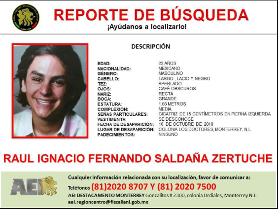 🚨#Aviso solicitamos su colaboración para localizar a RAUL IGNACIO FERNANDO SALDAÑA ZERTUCHE
