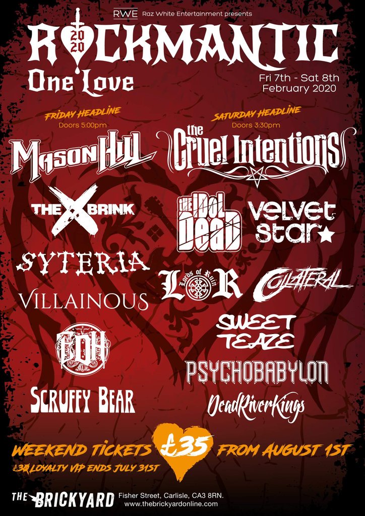 RockmanticWeekender (@RockmanticWkdr) on Twitter photo 2019-10-20 22:22:21 Tickets available from rwe.bigcartel.com or seetickets.com Don't hang around too long - less than 20% remaining. @MasonHillBand @TCIofficial @TheIdolDead @TheBrinkBand @SyteriaBand @VelvetStarBand @EDHbandUK @scruffybearband @LordsOfRuinUK Tickets available from rwe.bigcartel.com or seetickets.com Don't hang around too long - less than 20% remaining. @MasonHillBand @TCIofficial @TheIdolDead @TheBrinkBand @SyteriaBand @VelvetStarBand @EDHbandUK @scruffybearband @LordsOfRuinUK