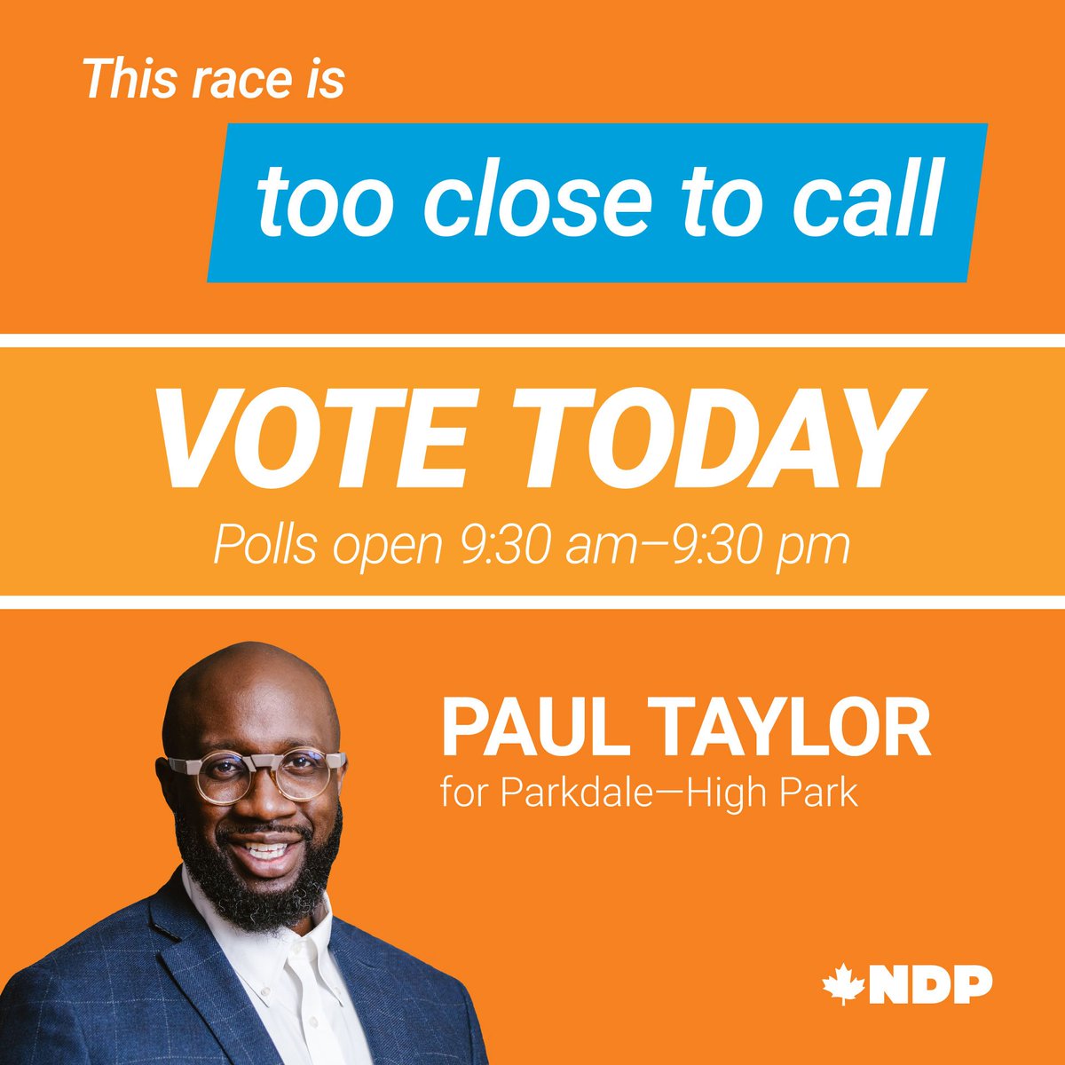 PaulTaylorTO's tweet image. Every vote matters, especially in this race. Today is the day!

Find your polling location and make your plan to vote at paultaylor.ndp.ca/my-vote-plan.

#ParkHP #PT4MP #NDP #UpRiSingh #cdnpoli #elxn43