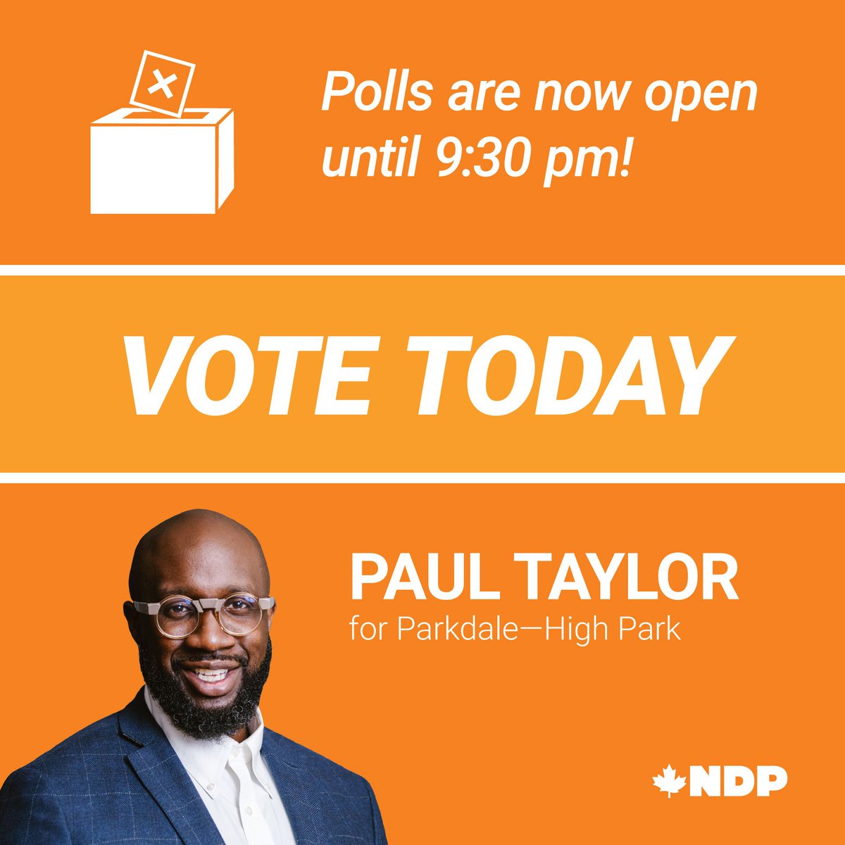 PaulTaylorTO's tweet image. Polls are now open until 9:30 pm!

Find out where you vote and make a plan at paultaylor.ndp.ca/my-vote-plan

#ParkHP #PT4MP #NDP #UpRiSingh #cdnpoli #elxn43