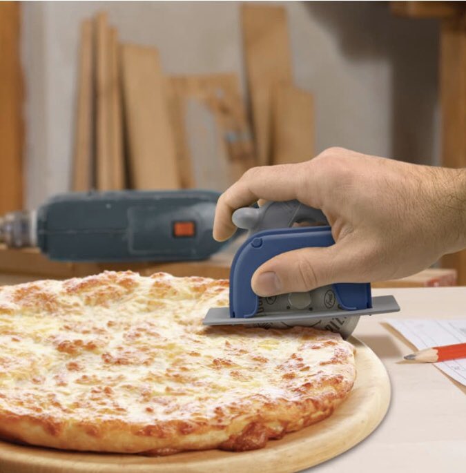 Mossback's tweet image. Circular saw pizza cutter