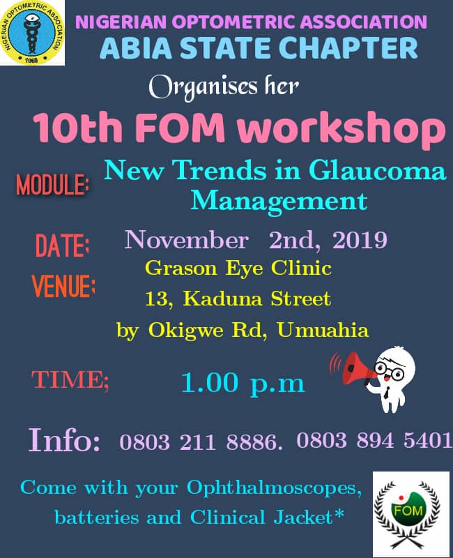 FomNoa's tweet photo. #NOA ABIA STATE CHAPTER still on the trail of excellence as it organises her 10th #FOM WORKSHOP on New Trends in #Glaucoma Management. https://t.co/L0UdIDIs9h
