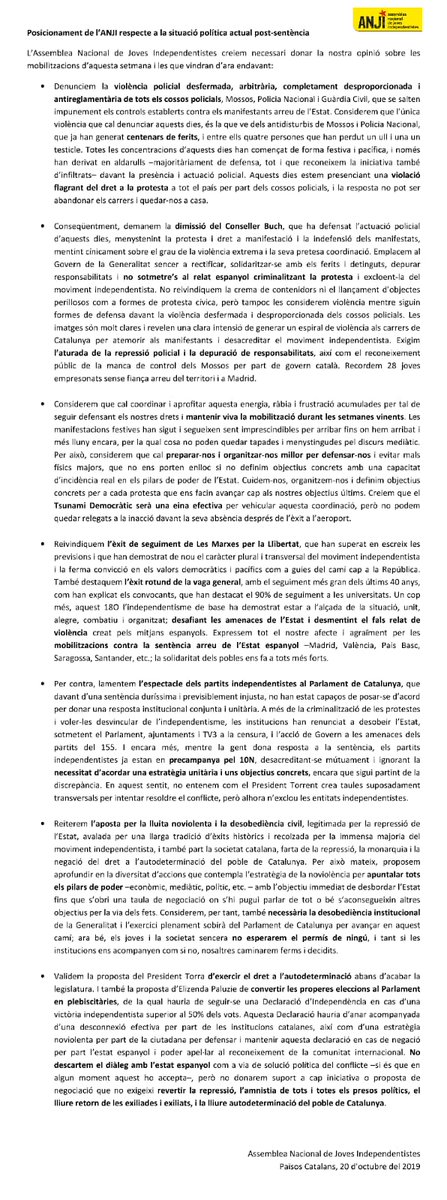 ⚫ Comunicat de l'Assemblea Nacional de Joves Independentistes respecte la situació política actual.

➡️ Avancem cap al nostre objectiu, avancem per aconseguir l'#ObjectiuIndependència ‼️💪🏼