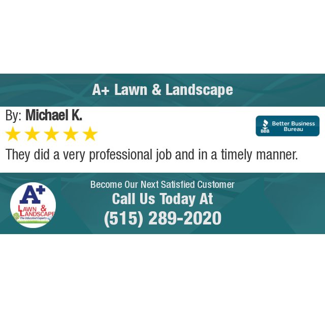 ApluslawnIA's tweet photo. 5 Star: Michael K. "They did a very professional job and in a timely manner." https://t.co/X7BzK250sn https://t.co/6Fdkgujp5L