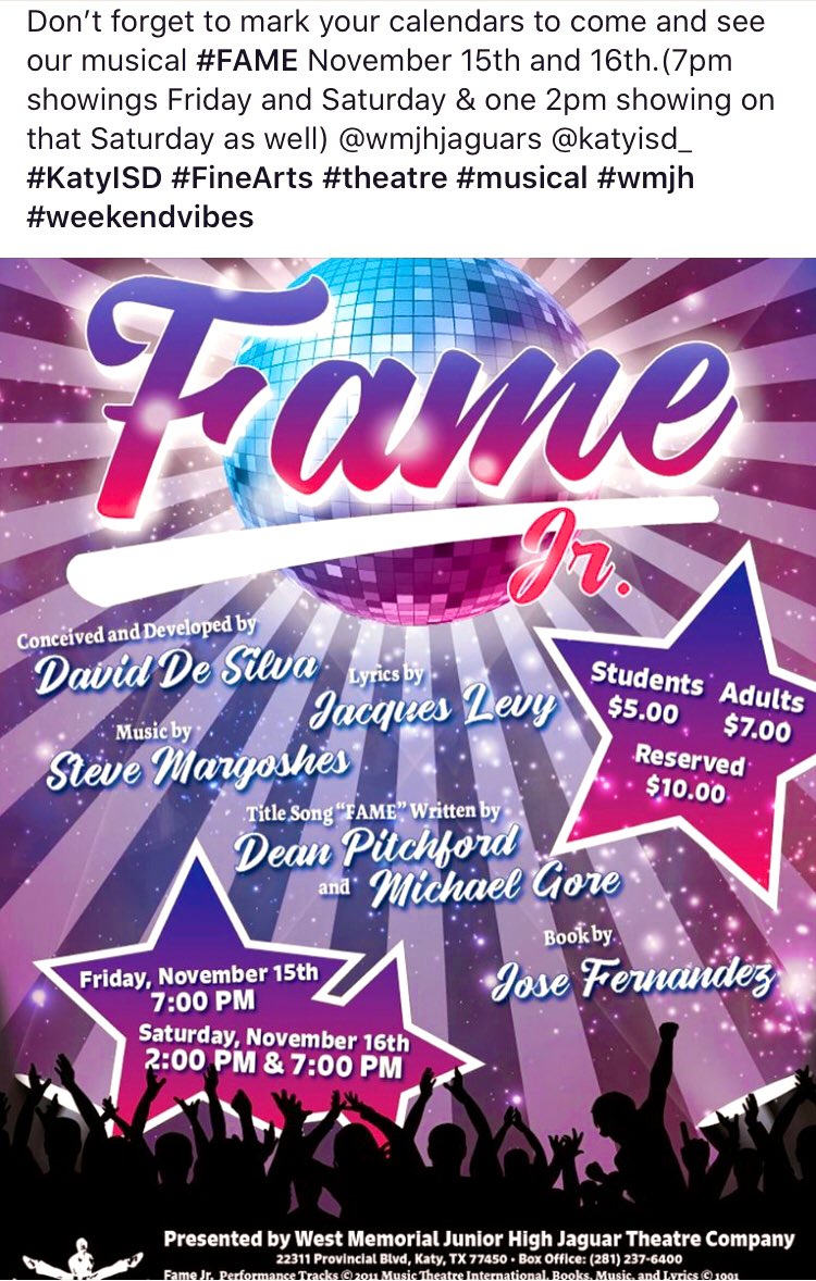 JagDramaMamma's tweet photo. Donβt forget to get your ticket orders in for our musical this year ! Tickets will be sold at lunch during the week and at the door. Canβt wait to have everyone join us for a great night of π THEATRE in #November2019Update #musicals #finearts #wmjh #KatyISD #theatre #FAME https://t.co/S8LeqWLl0E