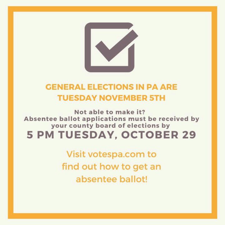 HarrisburgNOW's tweet photo. Not sure you'll make it to vote in-person Tuesday Nov. 5th? There's still time to apply for an absentee ballot. Go to https://t.co/SSXqOSY9pp to find out how! https://t.co/gfNe4KWszd