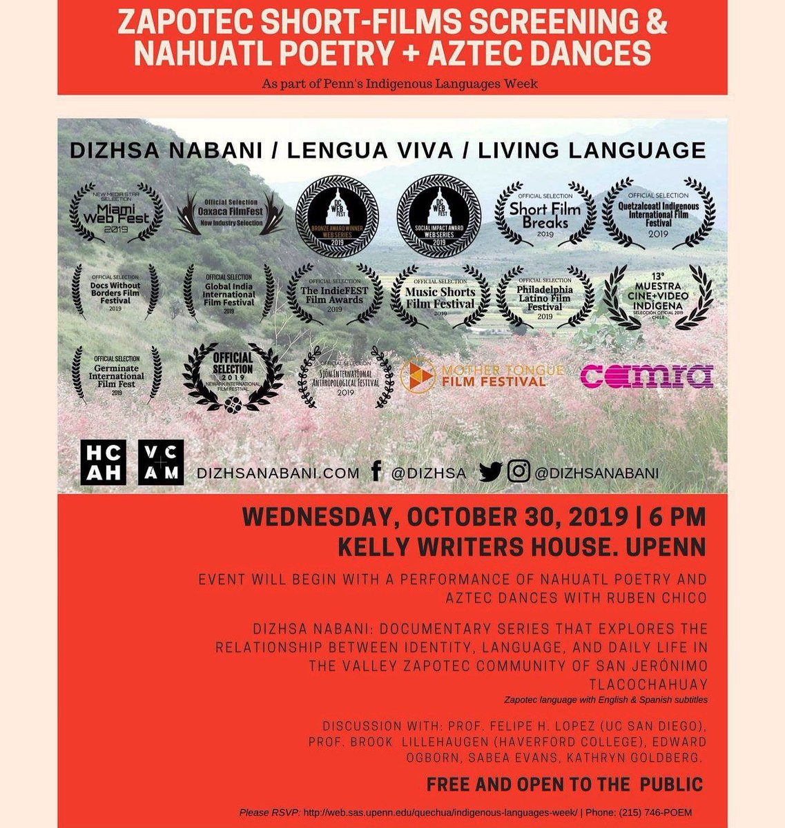 ZAPOTEC SHORT-FILMS &amp; NAHUATL POETRY + AZTEC DANCES | Join us on Wednesday, October 30, 6PM for a screening &amp; discussion of DIZHSA NABANI as part of Indigenous Languages Week at <a href="/Penn/">Penn</a>.

Free and open to the Public. Please RSVP: bit.ly/35PU5EW or contact <a href="/kellywritershse/">Kelly Writers House</a>
