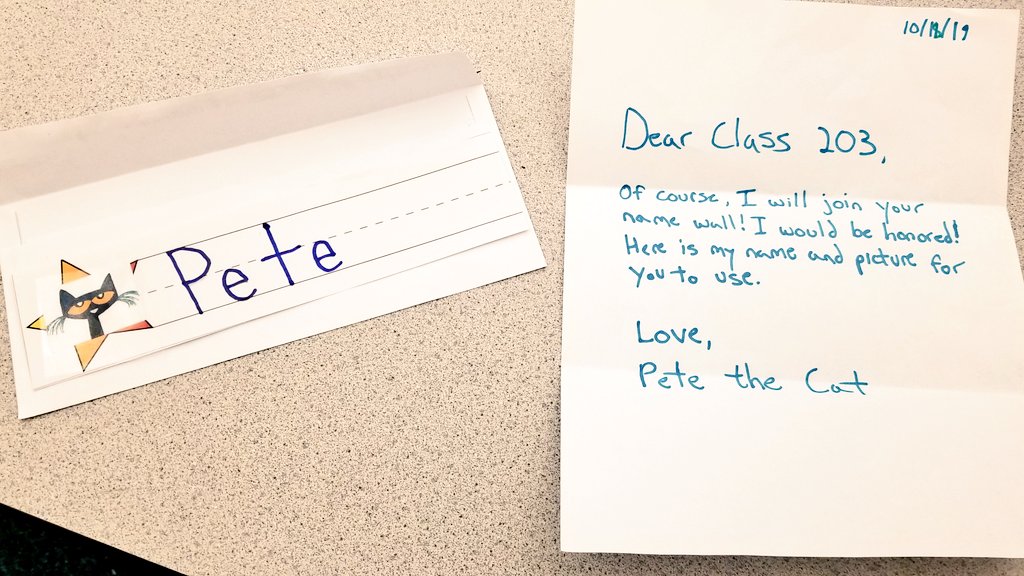 Last week, super students wrote Pete the Cat to see if he would let us use his name for our name wall (since we have no "P" names). On Friday, we were THRILLED to receive this letter back from Pete and his name card for us to use!😊 #theteacherscollege #welovephonics <a href="/HWE_Hawks/">Hickory Woods Elem</a>