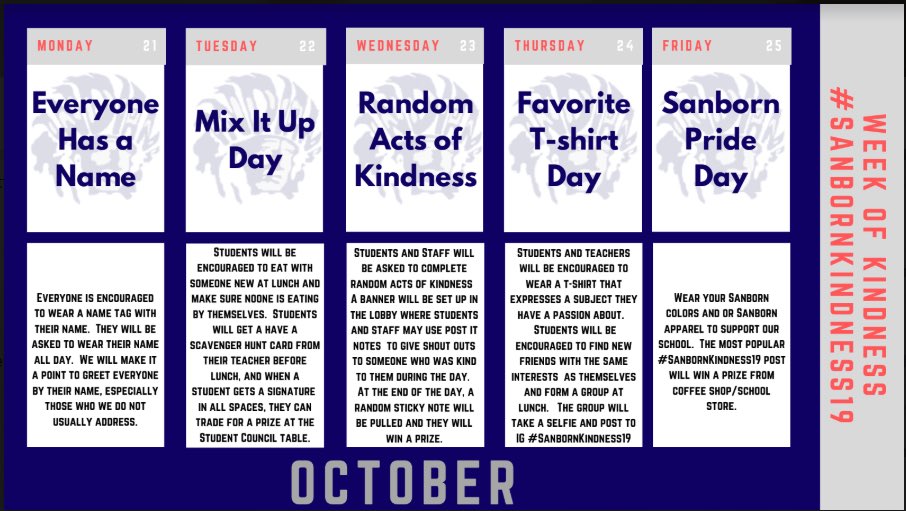 Sanborn_LOS's tweet photo. Don’t forget get to show your kindness this week! Check the day and act that way! #leademup #schoolcaptains #meweyou https://t.co/bNqDID8y7c