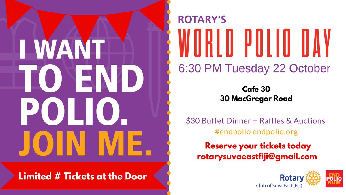 RSVP today for "Vaccine-Preventable Diseases and the Pacific: An Update" with MFAT's Sally Waswo and SPC's Dr. Sala Saketa in observance of World Polio Day hosted by the Rotary Club of Suva East - mailchi.mp/6965b69089d3/r…