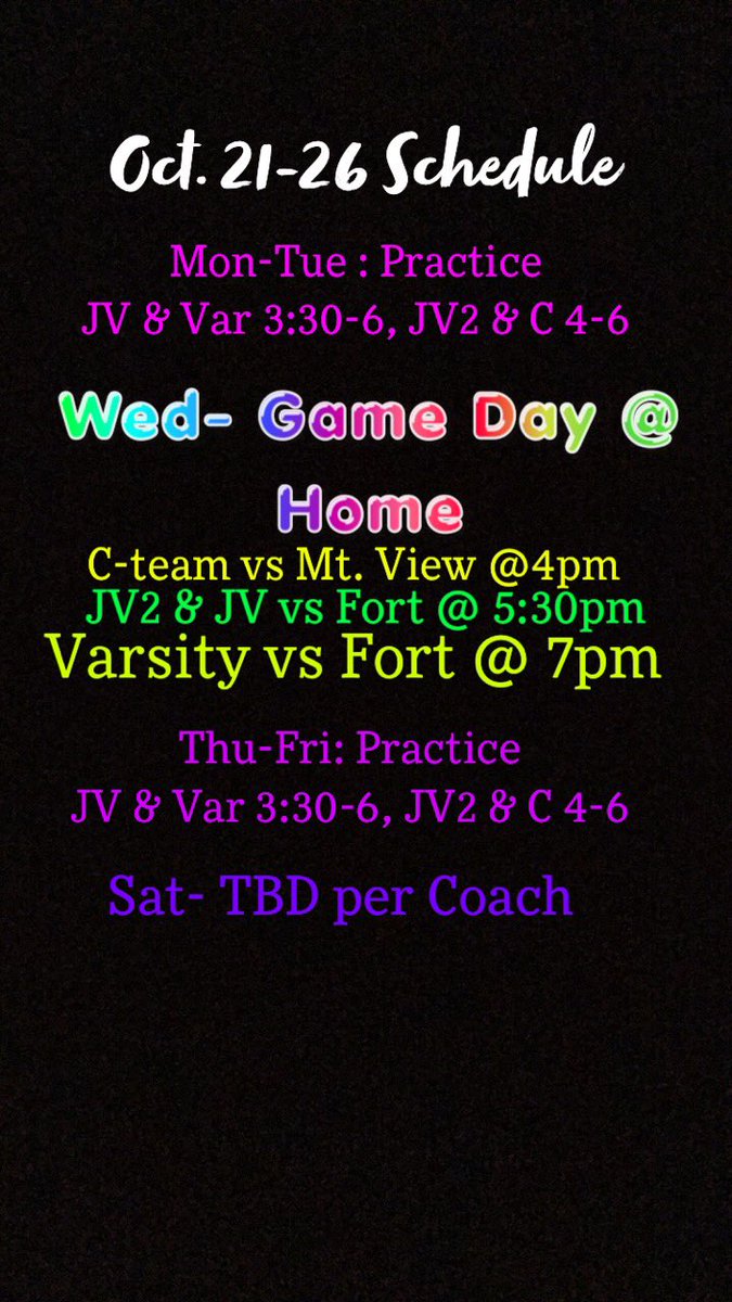 This weeks schedule: Our game this week is on Wednesday.