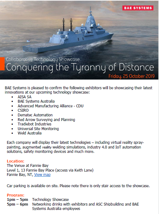 New event in Darwin! 

Collaborative Technology Showcase: "Conquering the Tyranny of Distance".

Technology Showcase: 1pm-5pm
Networking drinks: 5pm-6pm
Registration ends COB: Wednesday 23rd October, 12:00pm.

Please register by following the link below:
eventbrite.com.au/e/conquering-t…