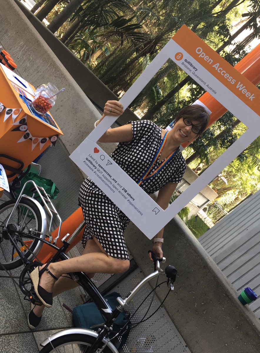 qutlibrary's tweet photo. Our Director, HiQ and Library Services @franeden is taking our #OpenAccess bike for a spin. Come and get some #OAWeek goodies and find out about the benefits of Open Access. https://t.co/wVauZI5w2B