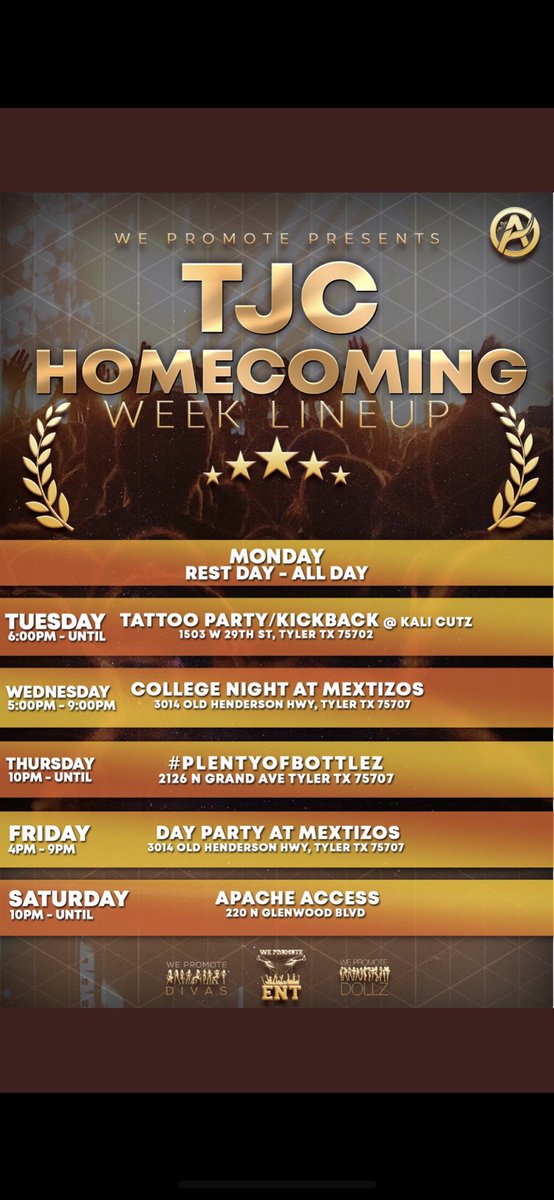 imagoddesss's tweet image. Happy Homecoming week🤪💦 
Week full of events
•Tattoo Party
•College Night
•#Plentyofbottlez
•Day Party
•Apache Access 

#WePromote