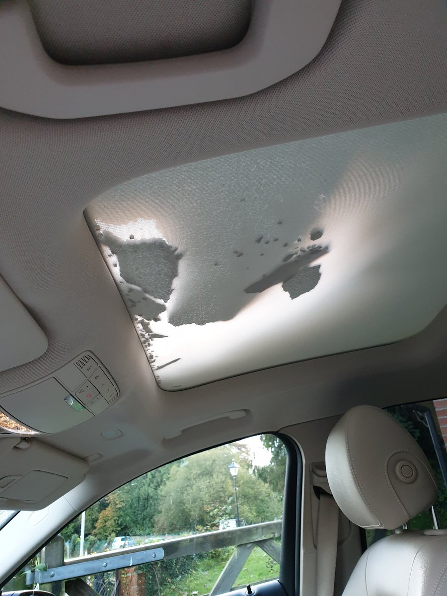 RogerMoss's tweet photo. Beware, this is what can happen when something hits a @mercedes glass panoramic roof! Fortunately sun blind was closed so the large pieces of glass didn't cause any injury but could have been a whole lot worse. #mercedes #glc https://t.co/g1ZmE8carT