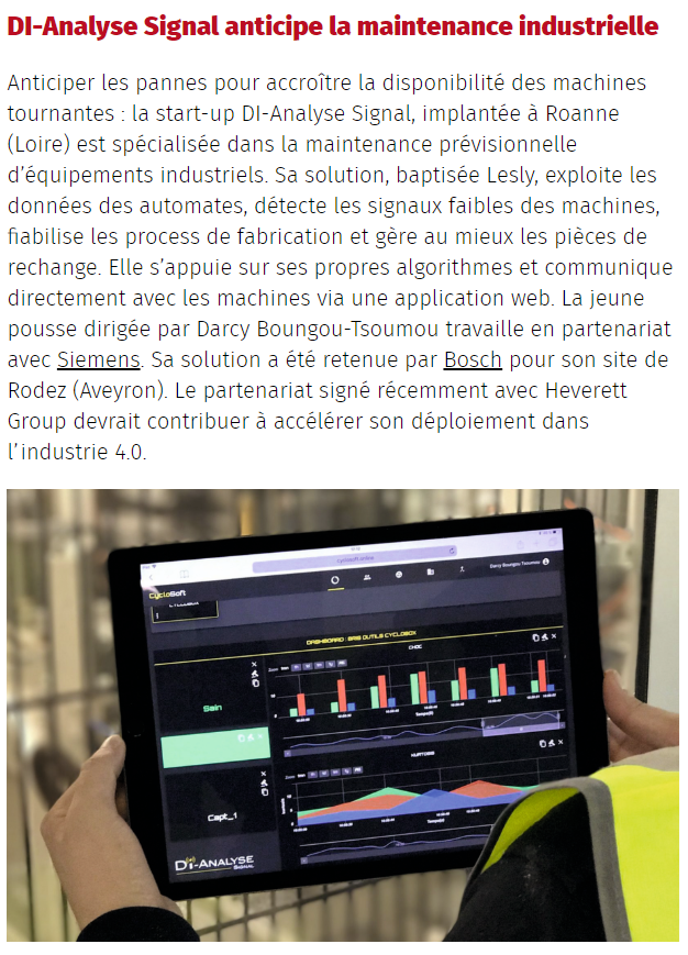 Dianalysesignal's tweet photo. La presse en parle !
L'article de @usinenouvelle consacré aux start-up de la Tech For Good en Auvergne-Rhône-Alpes: focus sur Di-Analyse Signal
#DiAnalyseSignal #UsineNouvelle #Industrie4.0 #MaintenancePrévisionnelle #Lesly https://t.co/WaKaMP9ajs