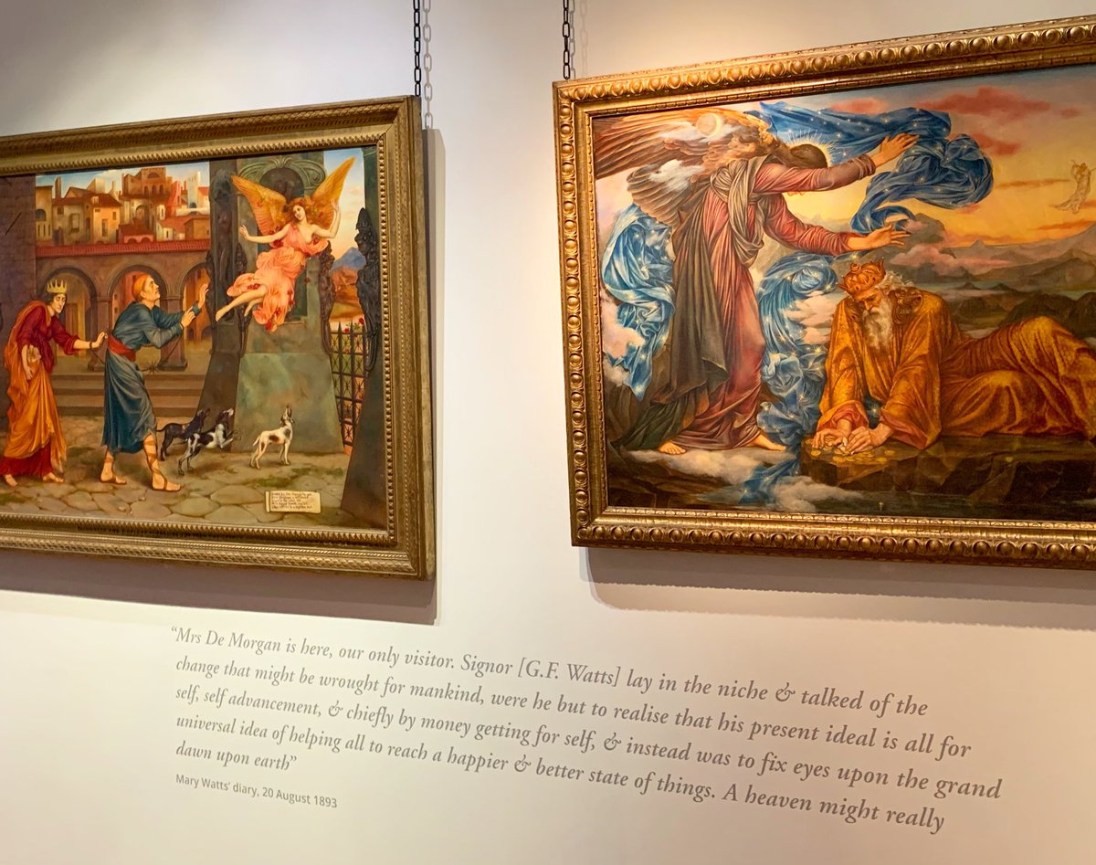 #DecorationOrDevotion
This quote from Mary Watts’ diary shows that Evelyn De Morgan and GFWatts would discuss human obsession with wealth. Can you see the men with money bags💰 in each painting? Look how they are so focussed on cash, they can’t see the happiness they push away.