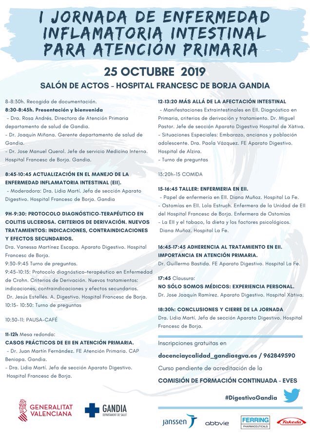 ¿Trabajas en Atención Primaria? ¿Te interesa saber más sobre enfermedad inflamatoria intestinal? Aún te puedes inscribir a la jornada del 25 de octubre en el hospital de #Gandia. ¡Quedan pocas plazas!