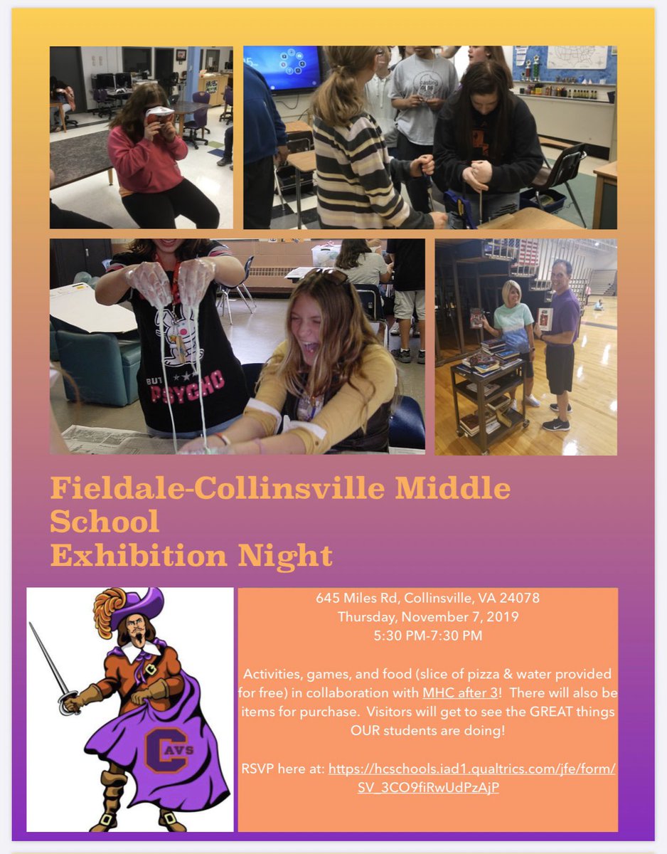 FCMidd's tweet image. FCMS’s first Exhibition Night is coming Thursday, November 7th! Mark your calendars! (And RSVP at the link below.) 😉 Can’t wait for you to see our students in ACTION! #cavaliersUNITE